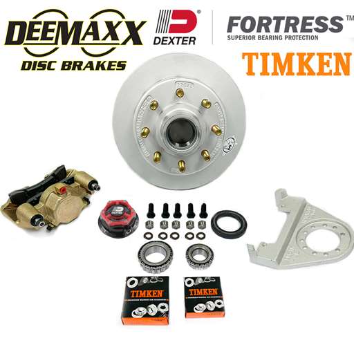 DeeMaxx® 7,000 lbs. Disc Brake Kit with 5/8" Studs for One Wheel with Gold Zinc Caliper, Timken® Bearings, and Dexter® Fortress® Aluminum Oil Cap - DM7KGOLD580-F-TK