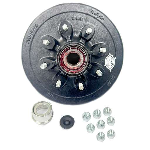 TruRyde® Pre-Greased8-6.5" Bolt Circle Trailer Hub/Drum 9/16" studs with Parts for a 7,000 lbs. Trailer Axle - PP-RVDK-9PG